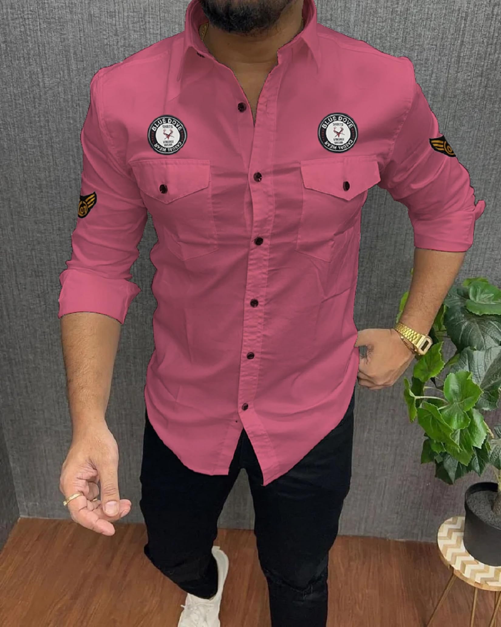 Kadiyu Double Pocket MenS Casual Fit Formal Shirt - Stylish And Comfortable Dress Shirt For Work And Everyday Wear Pink