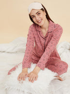 Sweet Dreams Women Printed Full Sleeves Pyjama Set Dusty Rose