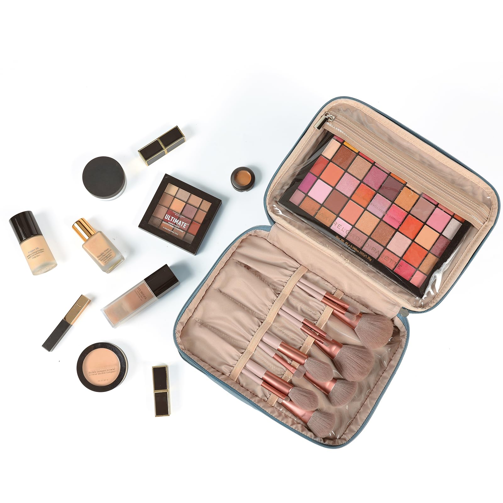 NISHEL Large Double Layer Travel Makeup Bag Women, Large Cosmetic Case, Organizer for Travel-Size Accessories Bottles, Brushes,