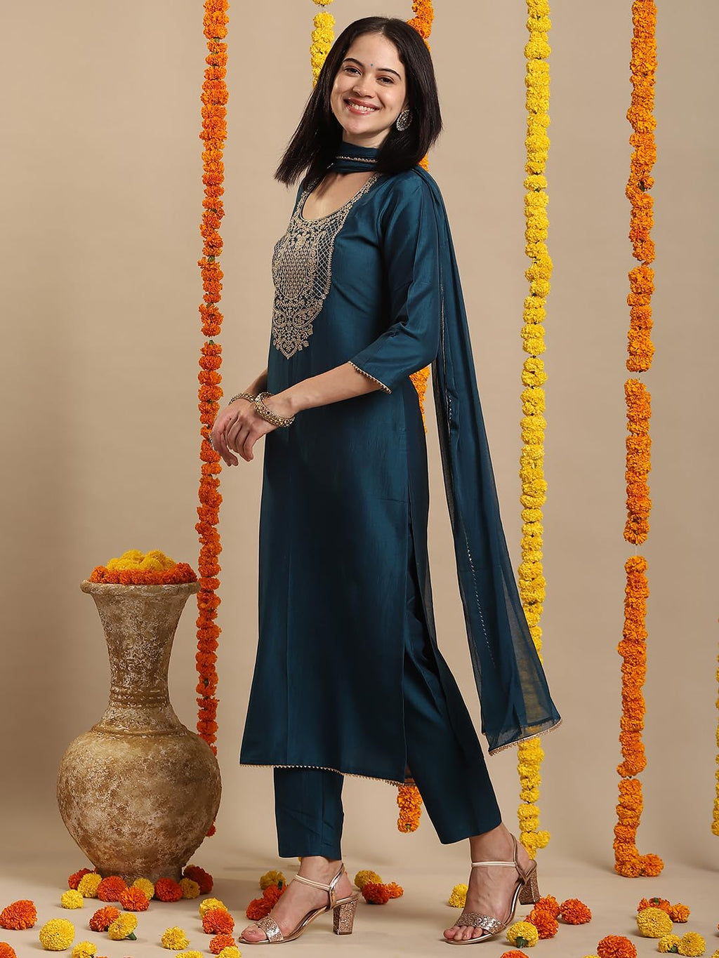 ANNI DESIGNER Womens Rayon Viscose Straight Embroidered Kurta with Pant & Dupatta (SIKAND CEROSIN-VKS01_S_Dark Blue_Small)