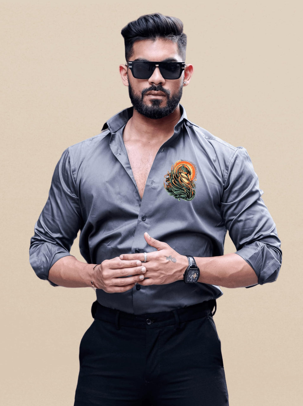 Indoprimo Men'S Stylish Solid Satin Casual Shirt For Men Full Sleeve - Bird Darkgrey