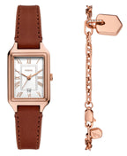 Fossil Women's Raquel Three-Hand Date Medium Brown Leather Watch and Bracelet Set