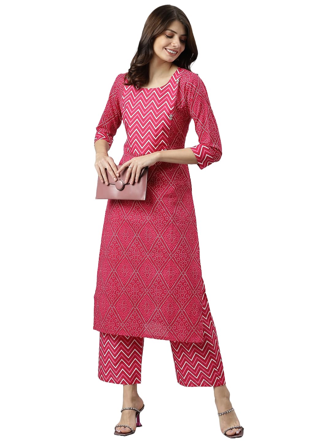 ANNI DESIGNER Womens Cotton Blend Printed Straight Kurta with Palazzo (Pimpli Pink_XL_Pink_X-Large)