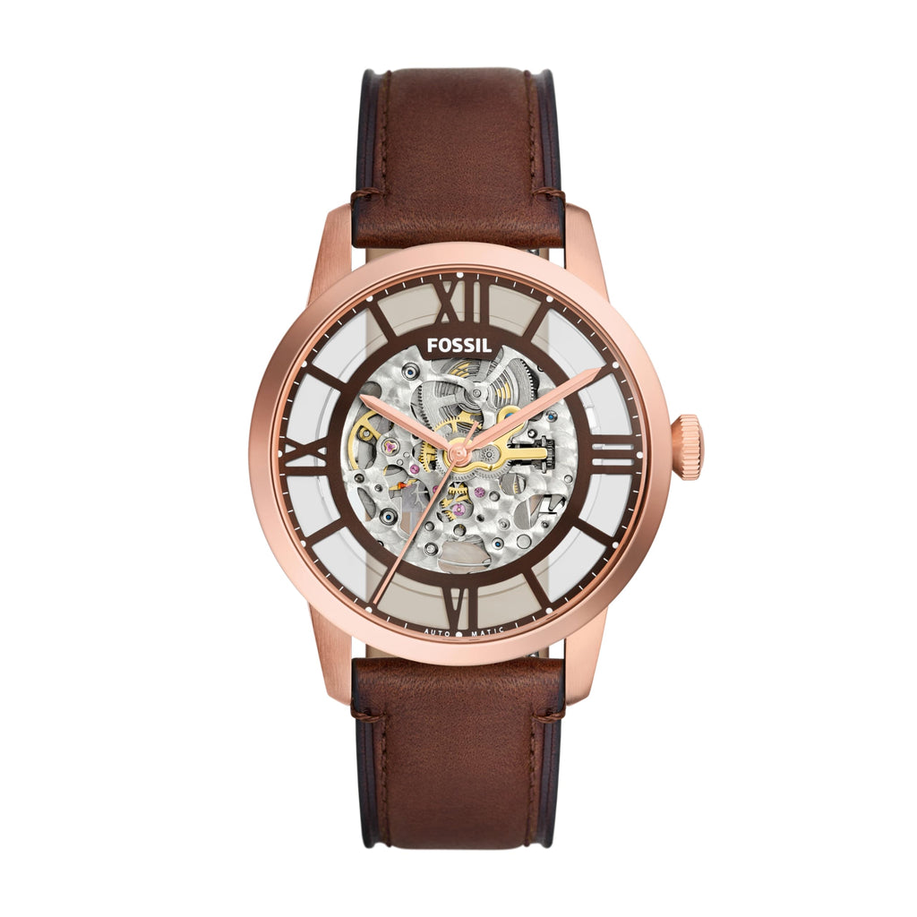 Fossil Men's Townsman Automatic Stainless Steel and Leather Three-Hand Skeleton Watch, Color: Rose Gold/Chocolate (Model: ME3259
