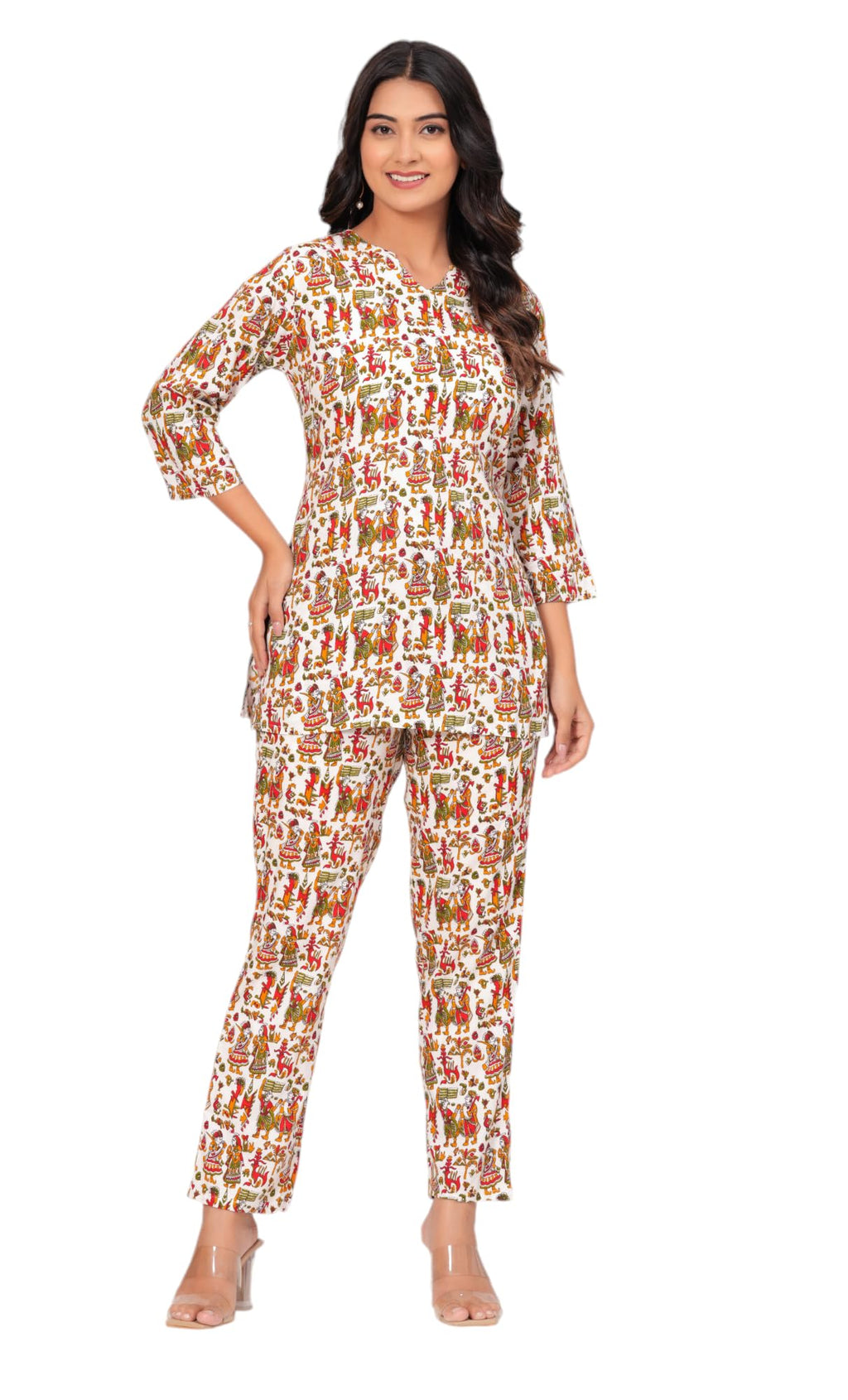 Jikonet Women Cotton Printed Co-Ord Set Kurta Set with Pant Set (White, XX-Large)
