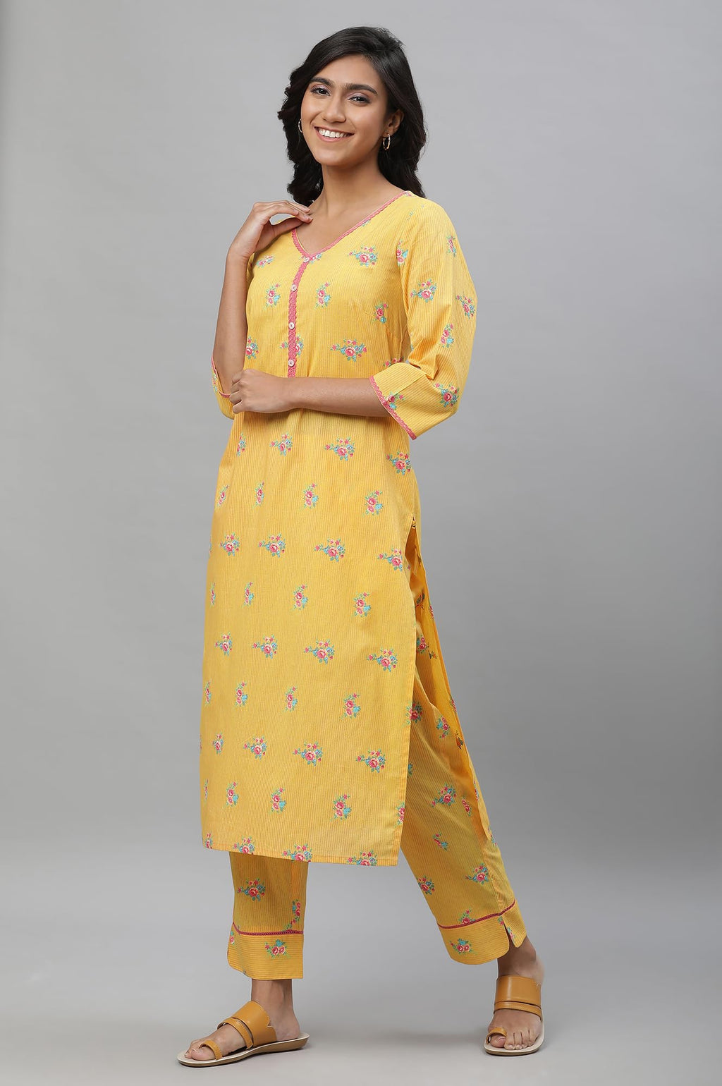 Aurelia Yellow Floral Printed Printed Lace Cotton Straight Long Kurta