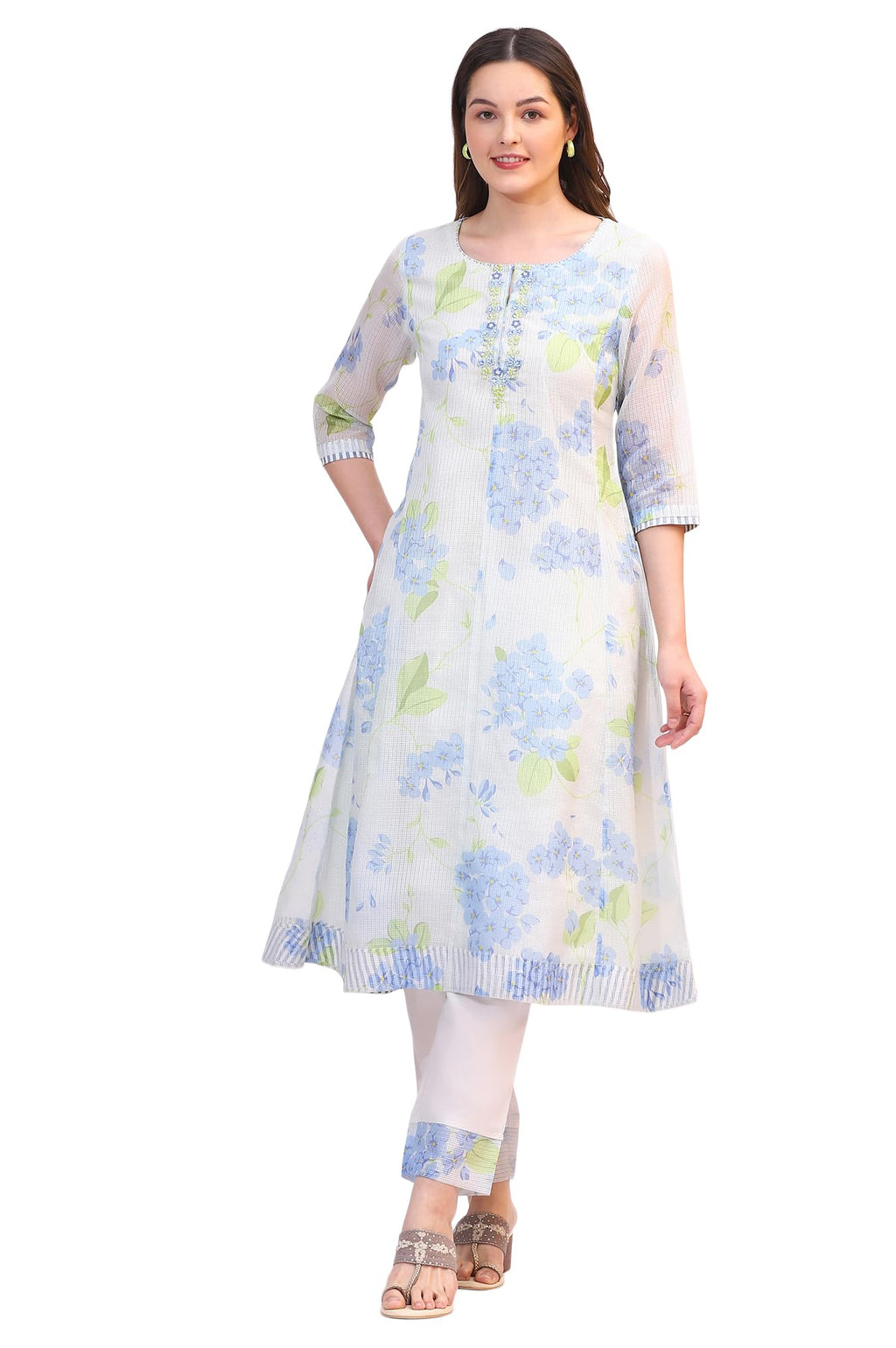 W For Woman White Floral Printed Flared Kota Kurta And Straight Pants Set (Size:M)-Ws12501