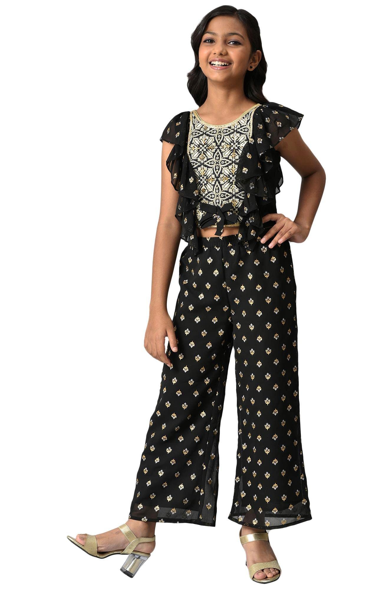 Aurelia Girls Polyester Top & Palazzo (22AUG10285A-604693_Black