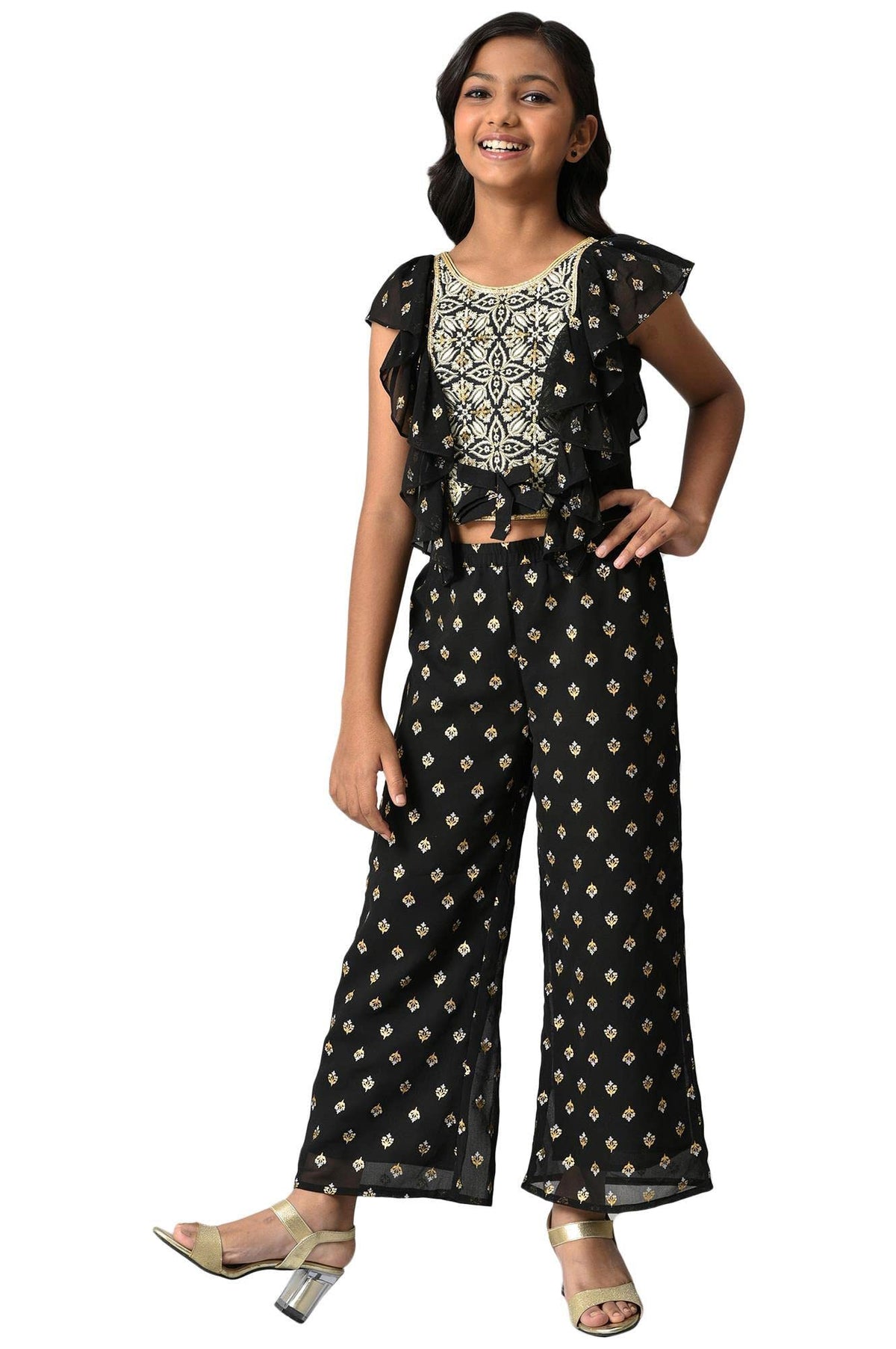 Girls Black Embroidered Ruffled Top And Palazzos Set