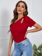 Rare One Shoulder Cut-Out Puff Sleeve Top Maroon
