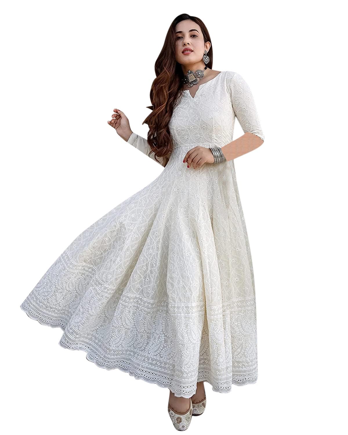 LookMark Womens & Girls White Color Chikankari Long Kurti Gown(K1113-XXL)