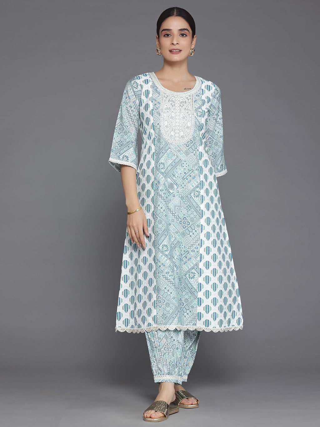 Libas Blue Printed Silk Blend A-Line Kurta With Salwar