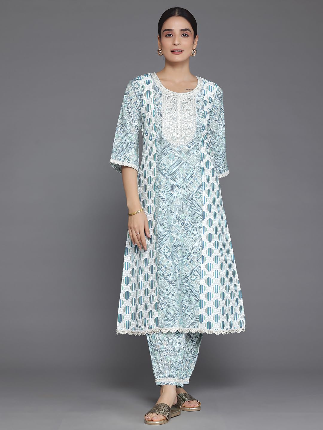 Libas Blue Printed Silk Blend A-Line Kurta With Salwar