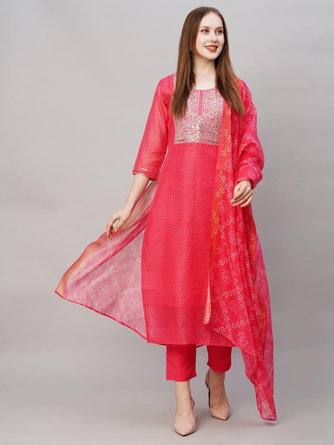 ANNI DESIGNER Womens Cotton Blend Straight Printed & Embroidered Kurta with Pant & Dupatta (Radha Rani-NW_XL_Pink_X-Large)