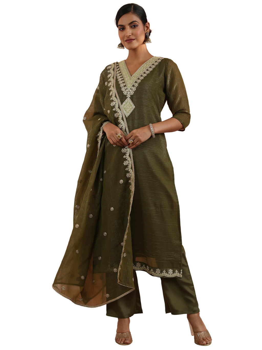 Libas Womens Embroidered Chiffon Straight Kurta With Trousers and Dupatta
