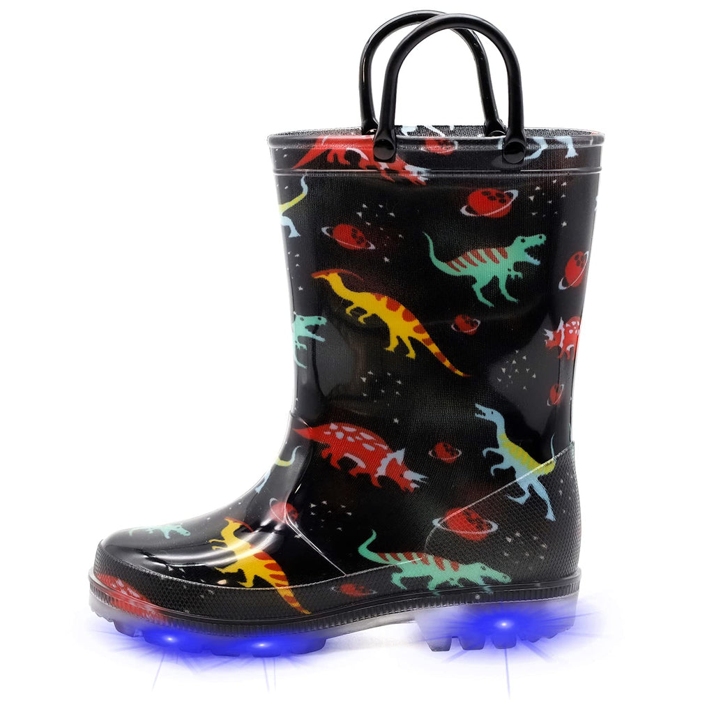 EUXTERPA Toddler-Kids Waterproof Light Up Rain Boots with Handles for Boys Little Kid size 13 Black Dinosaur