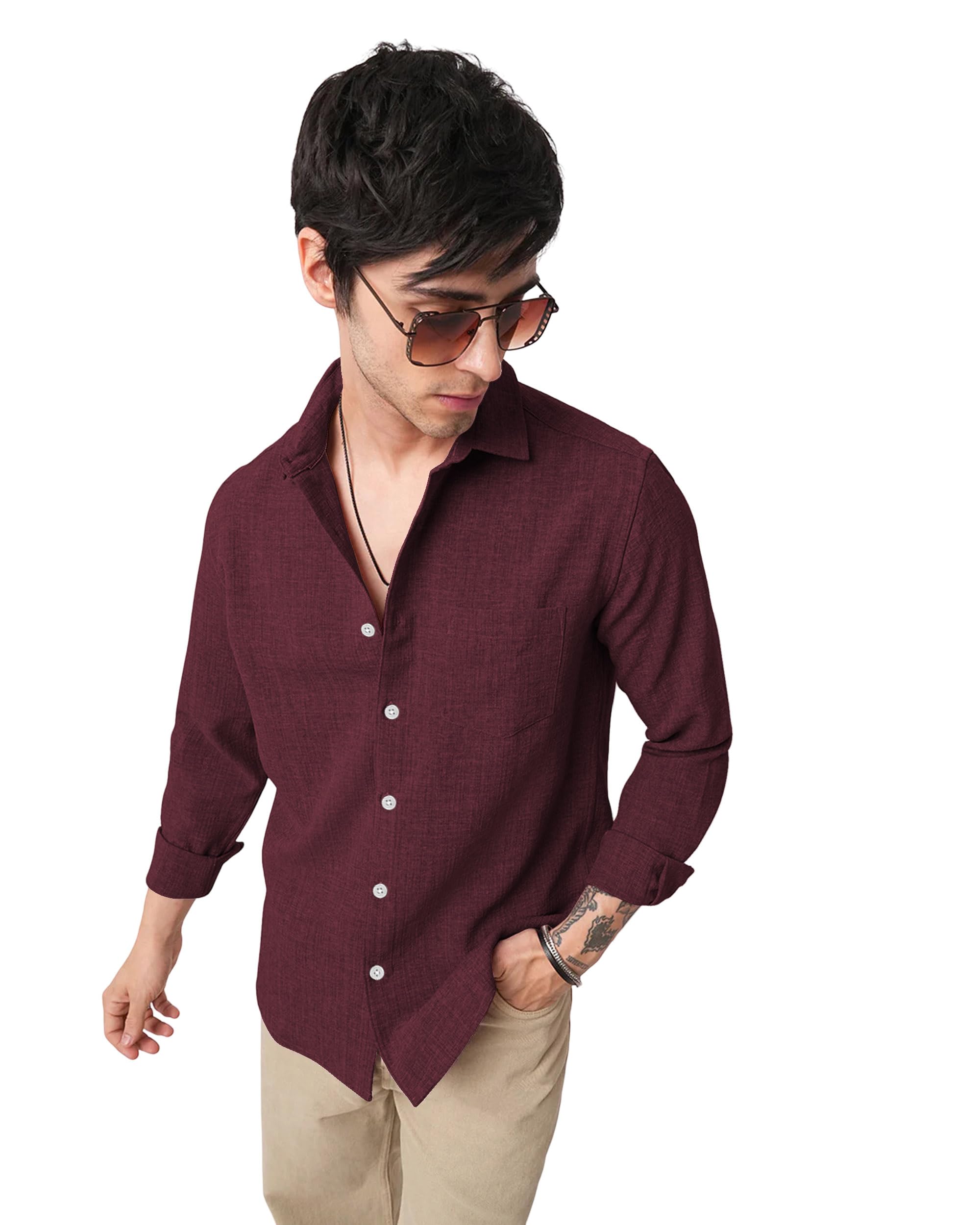 I Enterprise Mens Spread Collar Long Sleeve Multicolor Solid Regular Shirt Slim Fit Office Wear ShirtS For Men | Textured Long 