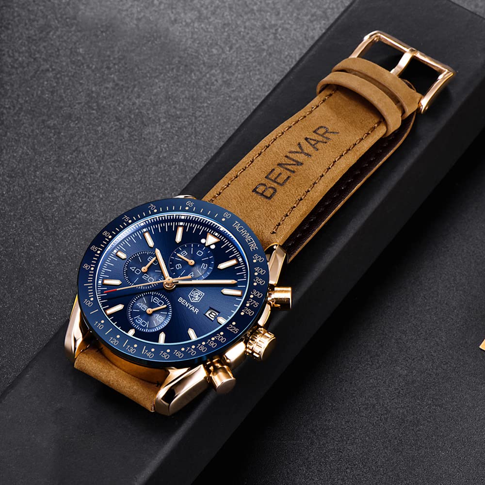 BENYAR Mens Watches Quartz Chronograph Business Luxury Brand Waterproof Wristwatches Fashion Brown Leather Watches for Men (Brow