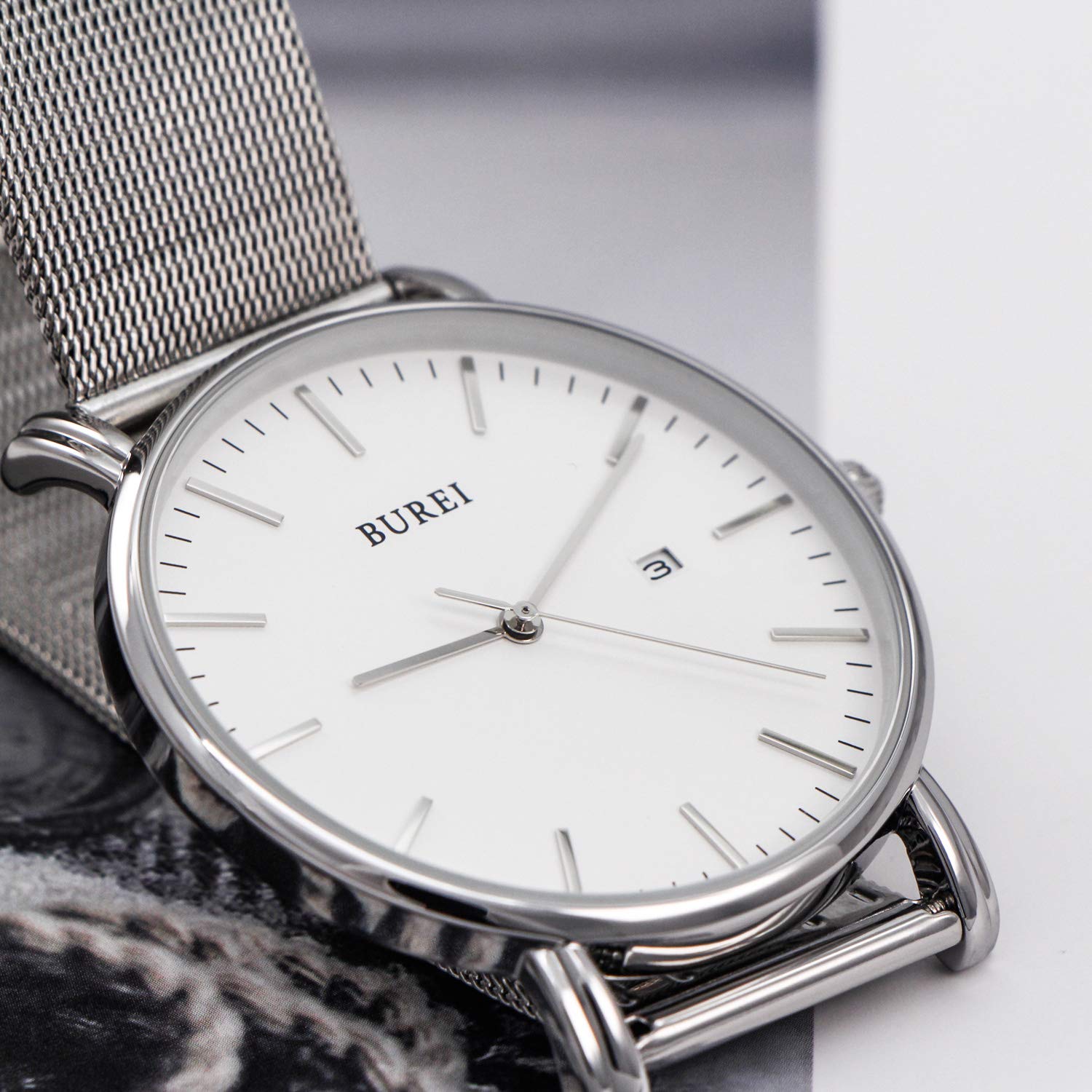 BUREI Men Watches Fashion Minimalist Waterproof Watches for Men Women Student,Silver.