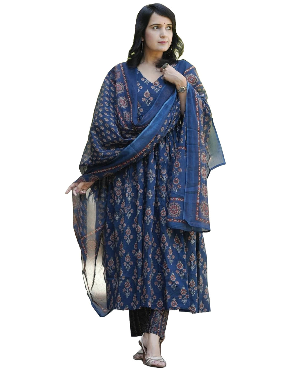 GoSriKi Womens Rayon Blend Printed Anarkali Kurta with Pant & Dupatta (AMPM Blue-GS_S_Blue_Small)