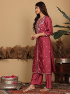 VARANGA Women Mauve Silk Thread Embroidered Kurta Set With Dupatta