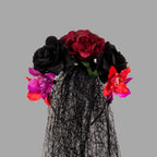 June Bloomy Day of the Dead Headpiece Rose Floral Crown Veil Halloween Costume Mexican Headband (D-Veil Burgundy Black)