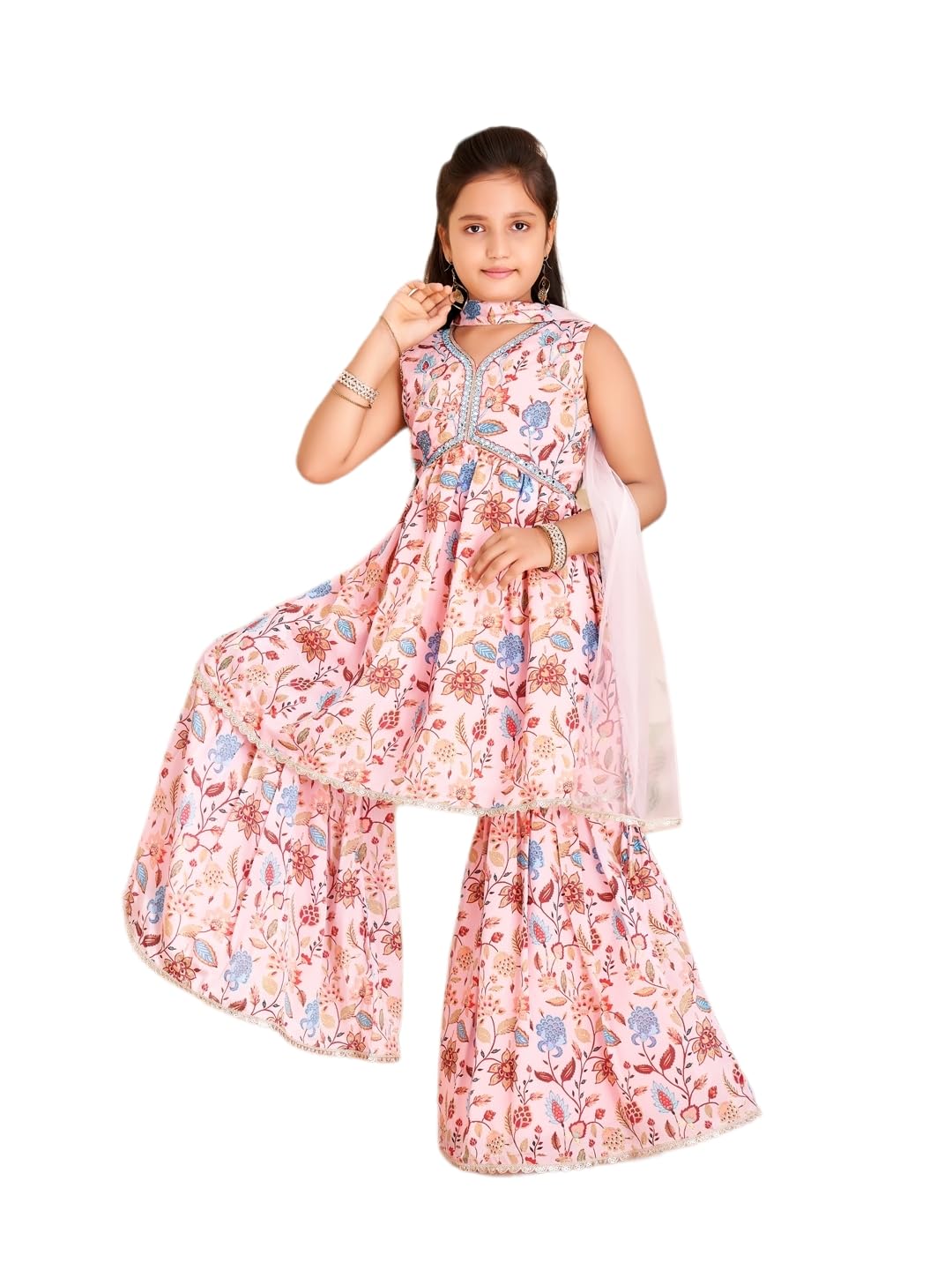 Aarika Girls Ethnic Wear Pink Colour Floral Print Beads Mirror Embroidery Silk Kurti Sharara Set (7-15 Years)