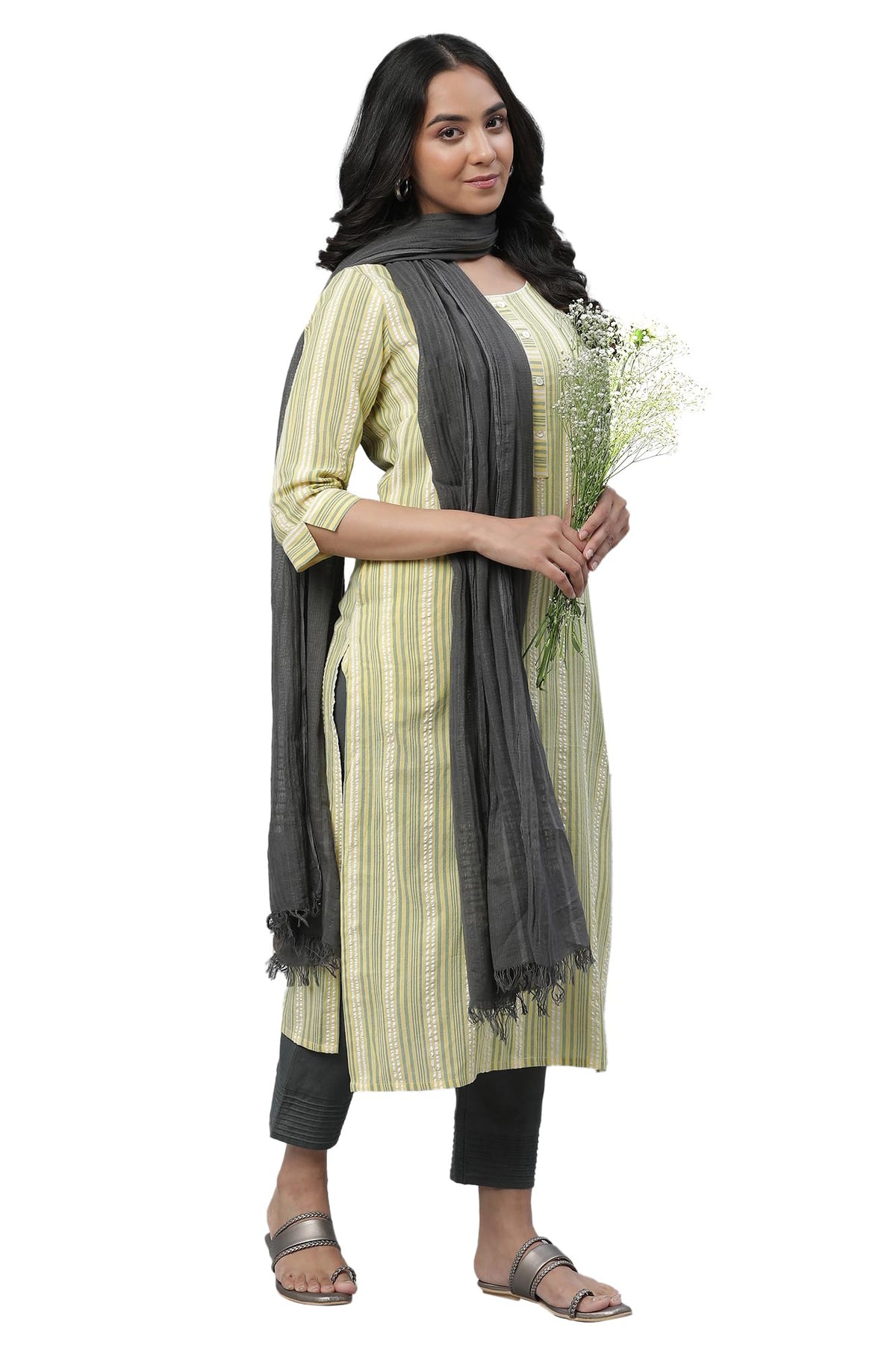 Aurelia Yellow Striped Blend Straight Long Kurta