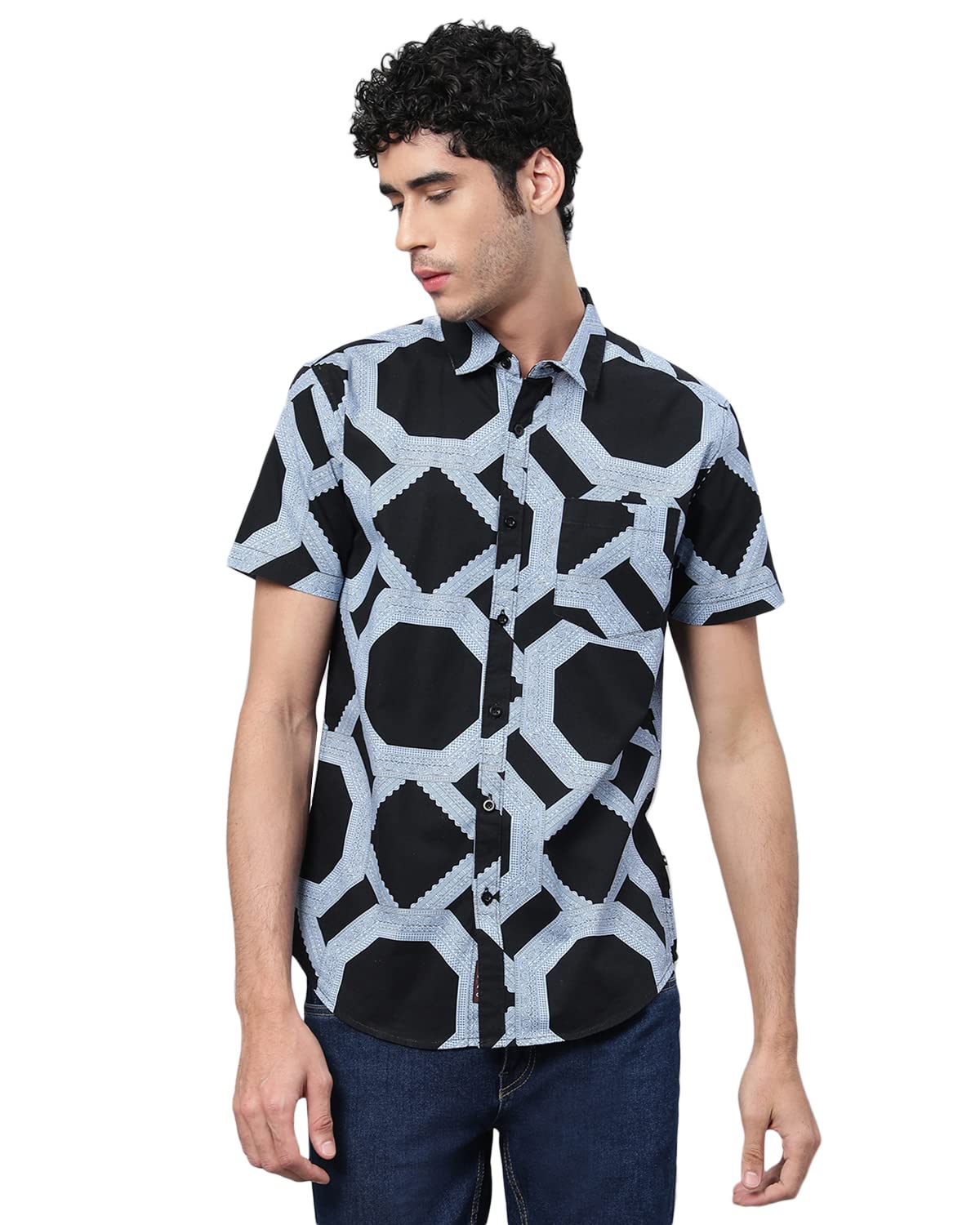 Veirdo Men's Shirt Cotton Regular Fit Half-Sleeve Geometric Printed Shirt