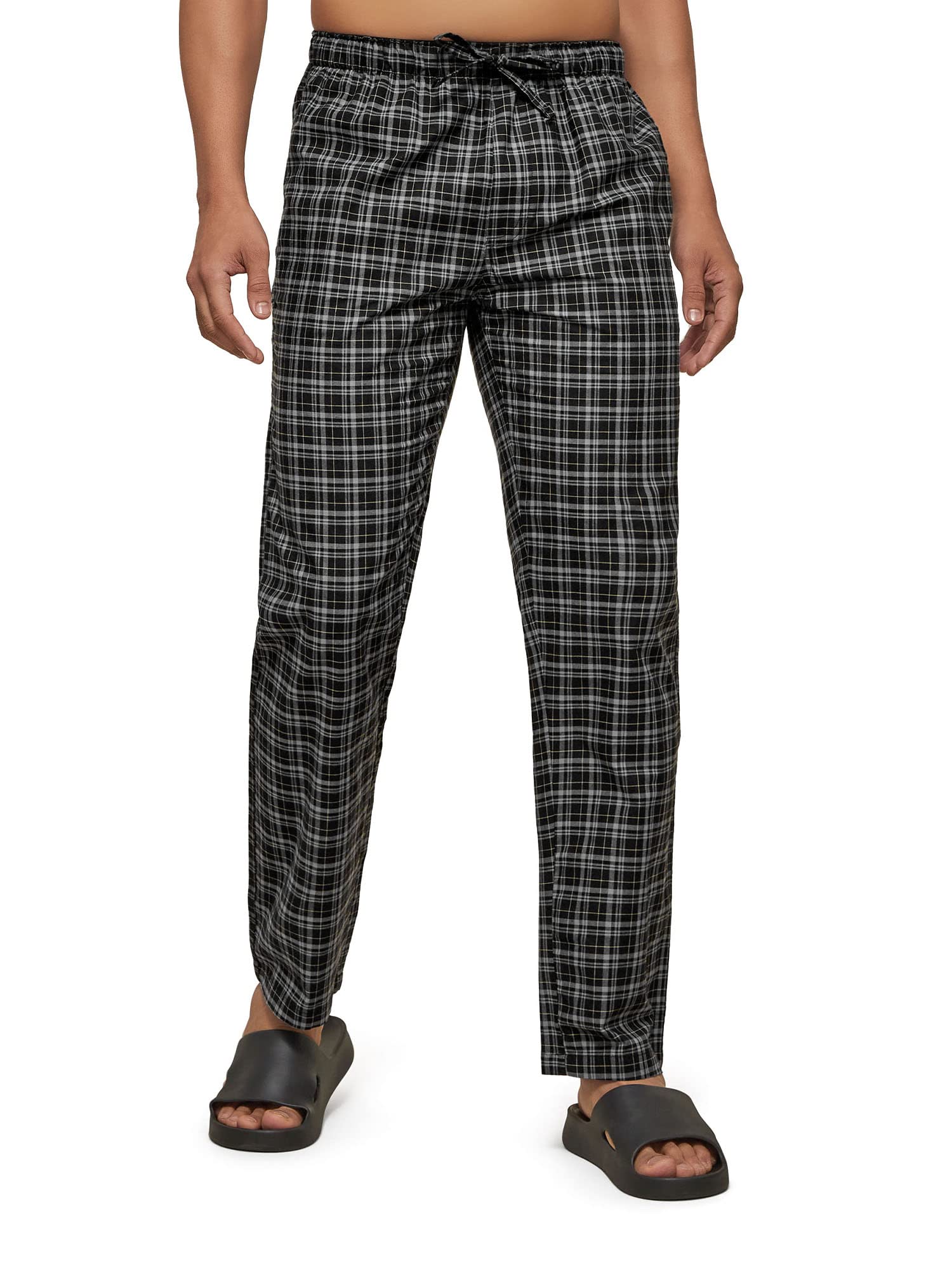 XYXX Mens Super Combed Cotton Checkered Checkmate Pyjamas [Pack of 1] Elasticated Waist, Drawstring | Loungewear for Men in Bla
