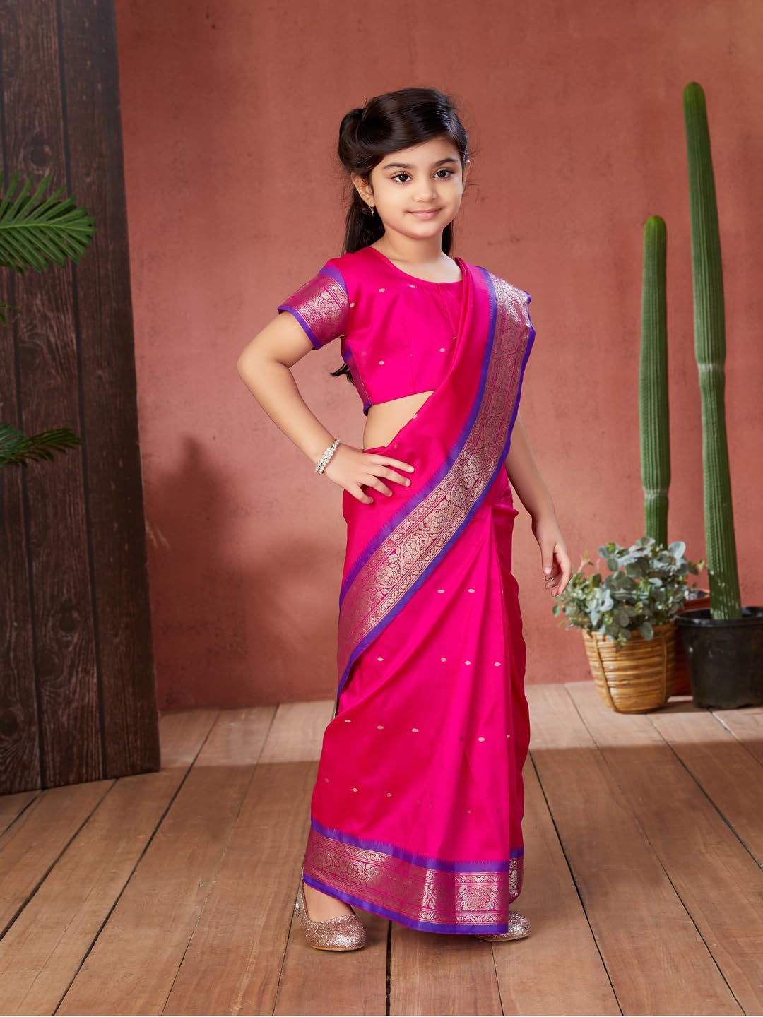 Aarika Girls Ethnic Wear Rani Colour Kalyani Silk Saree (3-9 Years)