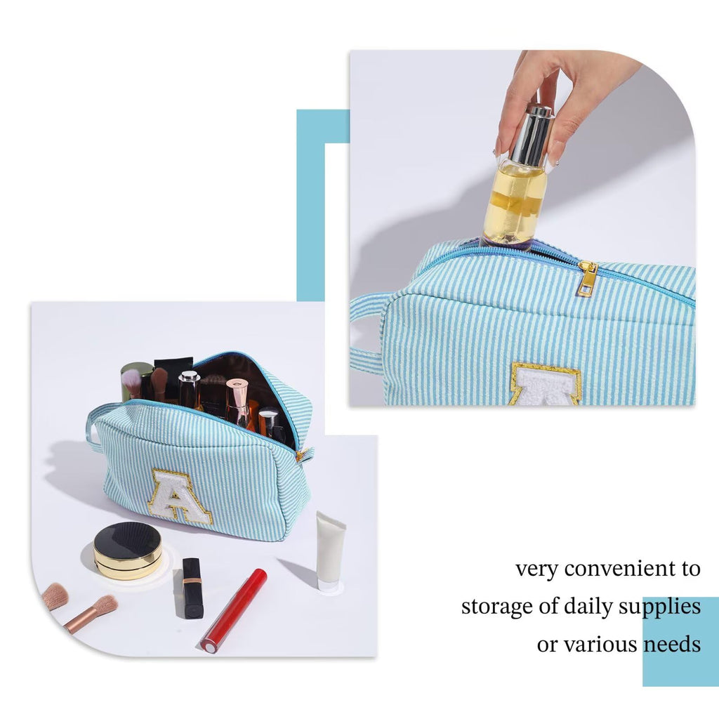 YOOLIFE Initial Makeup Bag - Personalized Monogram Cute Blue Makeup Bag Cosmetic Travel Toiletry Pouch Make Up Case for Women Mo