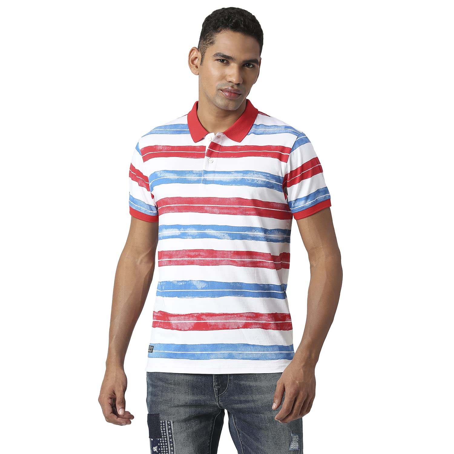Pepe Jeans Men Cotton Regular Fit Striped Polo T-Shirts Multicolour, Large