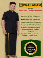 PRAKASAM COTTON Mens Flexi Readymade Black Jari Border Dhoti + Half sleeve Black Shirt for mens