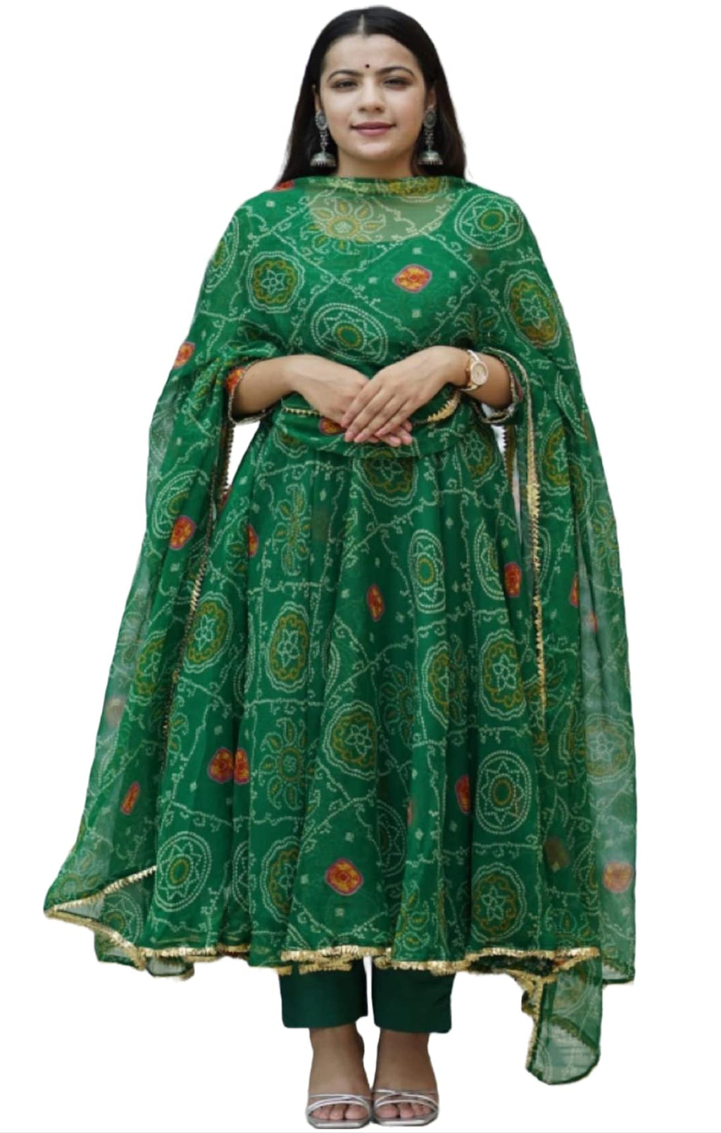 Gosriki WomenS Georgette Bandhani Printed Anarkali Kurta And Pant With Dupatta Set (Preeti Green-003_Xxl-Gs_Green_Xx-Large)