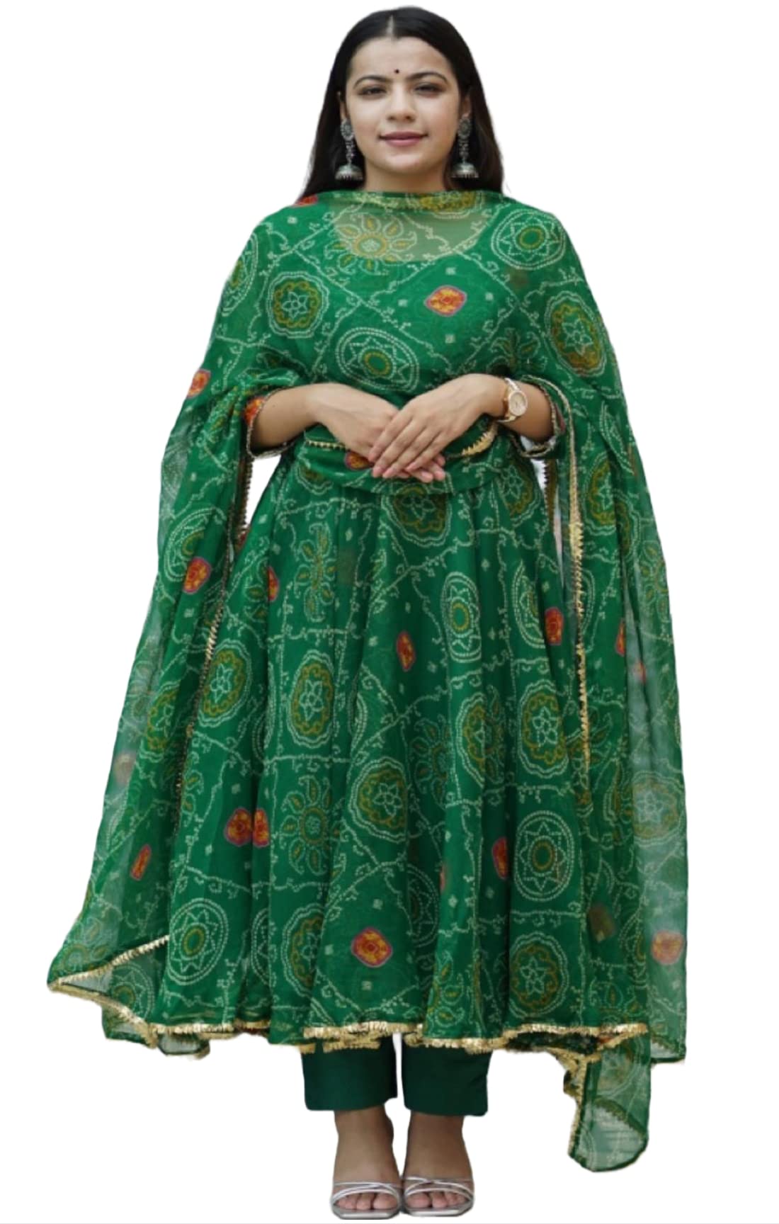 Gosriki WomenS Georgette Bandhani Printed Anarkali Kurta And Pant With Dupatta Set (Preeti Green-003_Xxl-Gs_Green_Xx-Large)