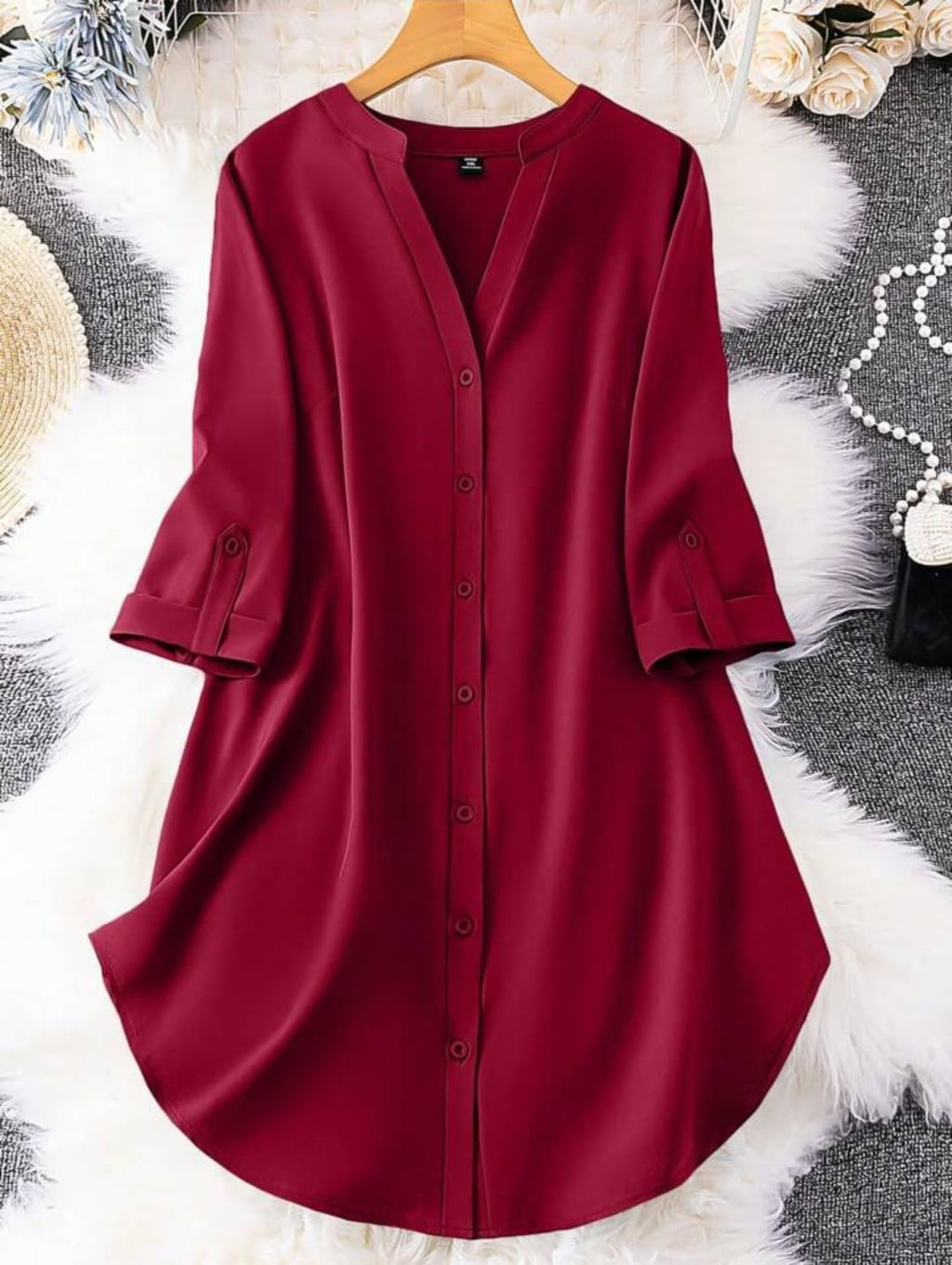 Gufrina Dresses For Women||Viscose Rayon Solid Button Front Shirt Dress For Women || Roll Tab Sleeve & Collared Neck Flared Dres