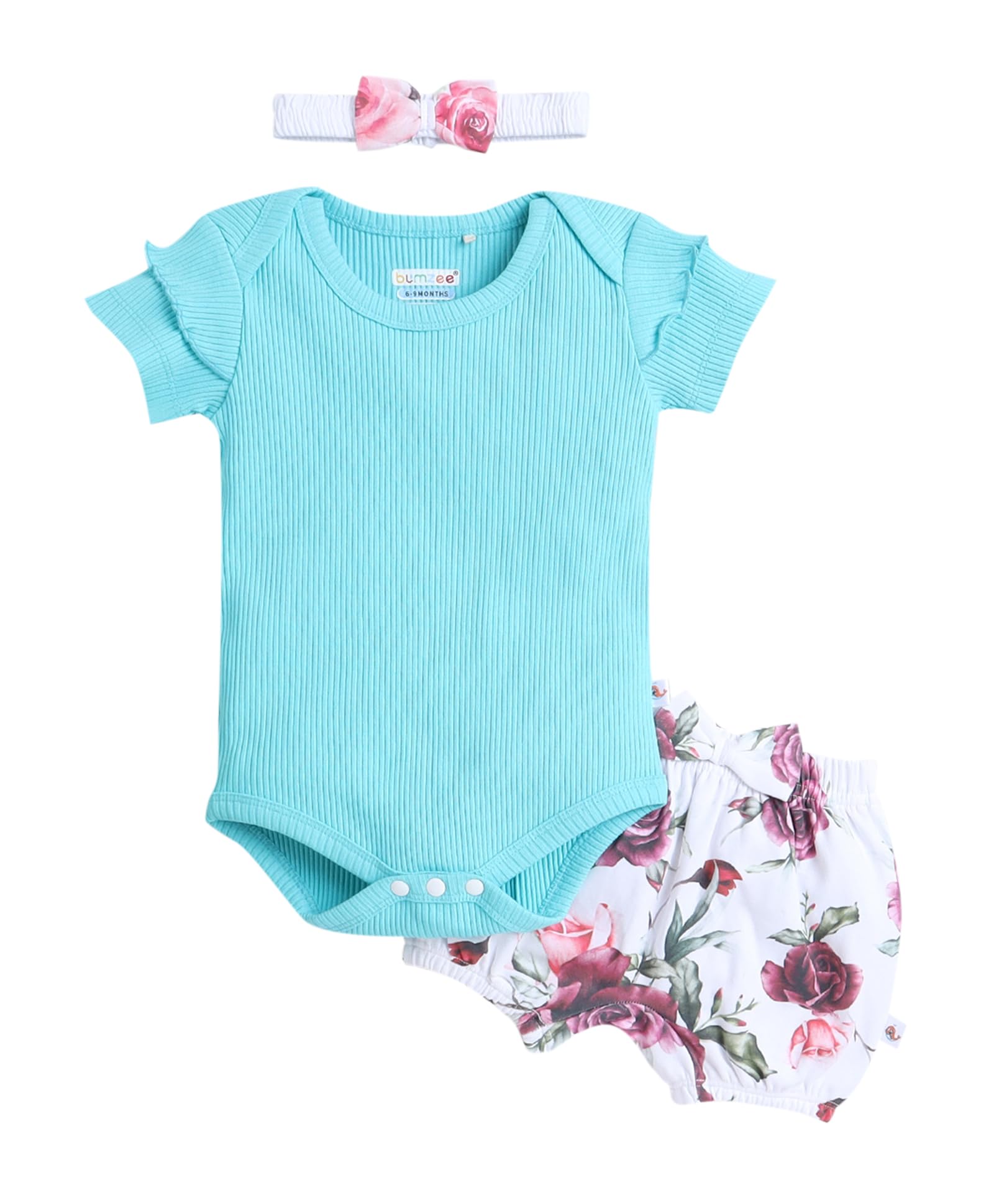 BUMZEE Turquoise Blue & White Girls Half Sleeves Bodysuit & Short Set With Headband Age - 9-12 Months (Peb9021E-trq.wht)