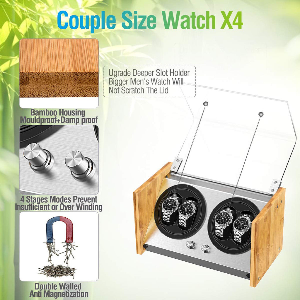 Watch Winder for 4 Automatic Watches - Bamboo Watches Winder Box with Quiet Motor 4 Rotation Mode Setting by Watch Winder Smith