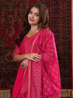ANNI DESIGNER Women s Printed Rayon Blend Kurta with Pants and Dupatta, Pink, 2XL
