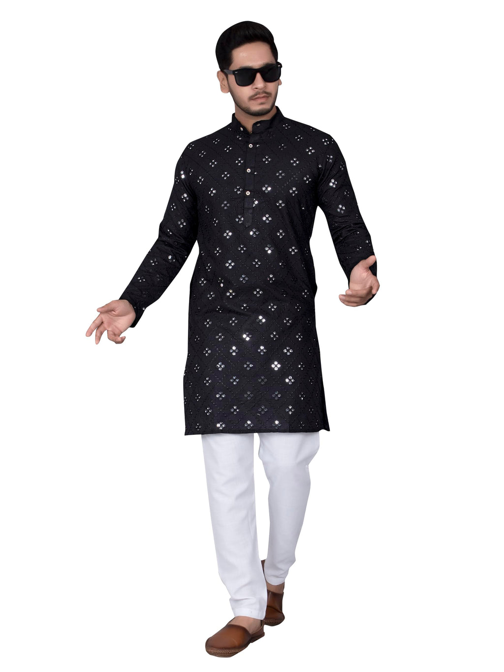 Xepon MenS Cotton Traditional Chikankari Mirror Work Embroidered Casual Knee Length Long Sleeve Mandarin Neck Straight Kurta Fo