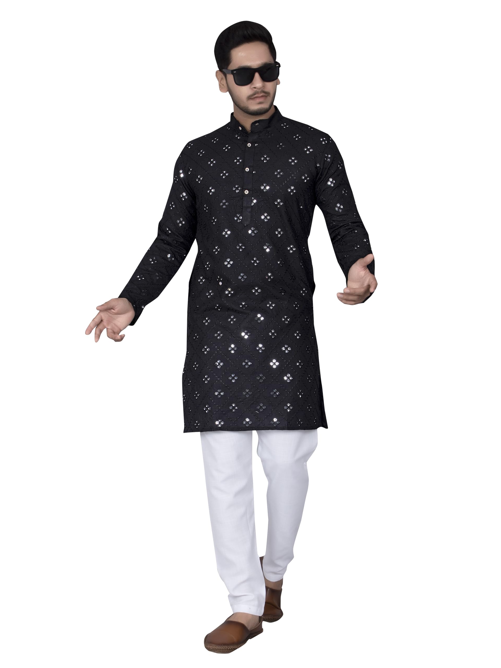 Xepon MenS Cotton Traditional Chikankari Mirror Work Embroidered Casual Knee Length Long Sleeve Mandarin Neck Straight Kurta Fo