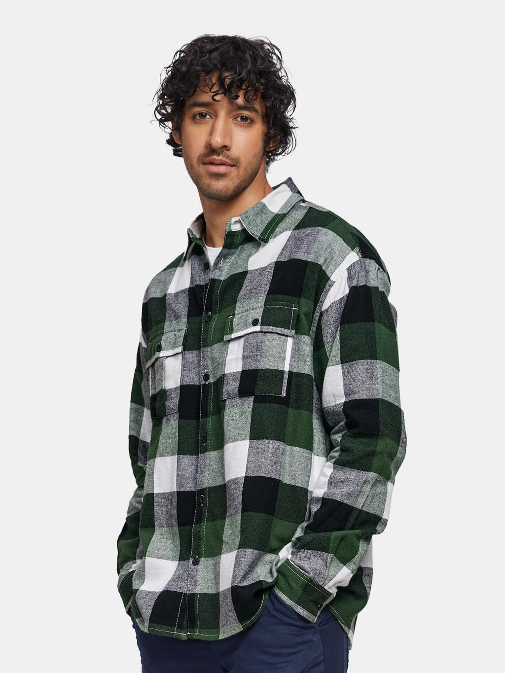The Souled Store Plaids: Green, Black, White Men and Boys Long Sleeves Collared Neck Button Front Cotton Regular Fit Utility Shi