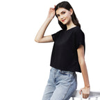 Rigo Women Black Cap Sleeves Poly Corduroy Crop Top