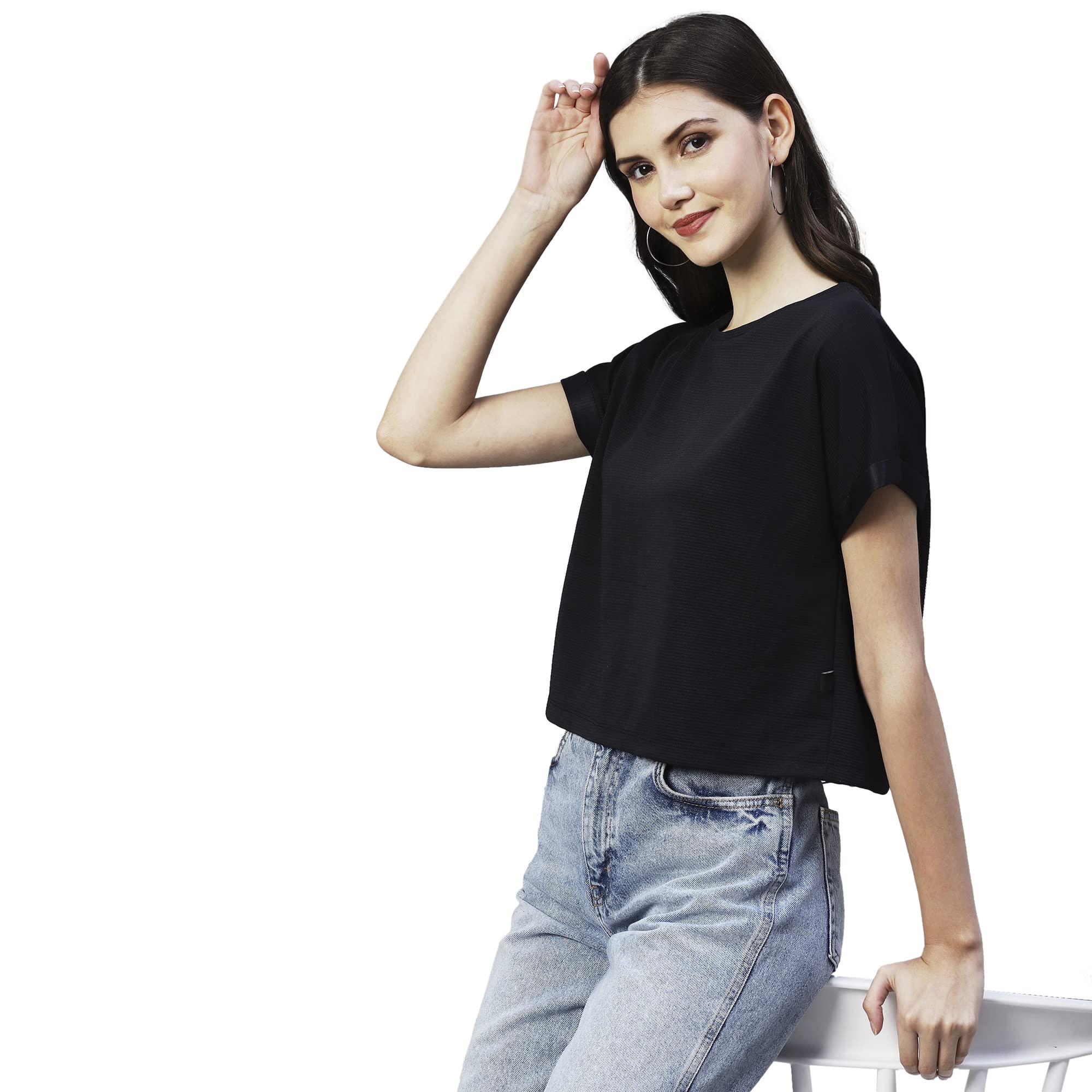 Rigo Women Black Cap Sleeves Poly Corduroy Crop Top