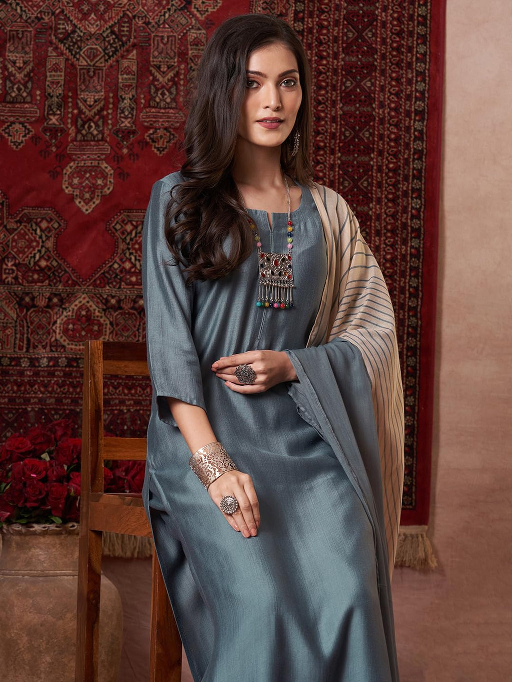 ANNI DESIGNER Women s Plain Viscose Straight Kurta with Trousers and Dupatta, grey, 3XL