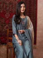 ANNI DESIGNER Women s Plain Viscose Straight Kurta with Trousers and Dupatta, grey, 3XL