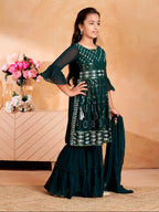 Aarika Girls Ethnic Wear Dark Green Colour Sequin Thread Embroidery Kurti Sharara Set With Dupatta-(5-11 Years)-(SH-MC-1644-D-GR