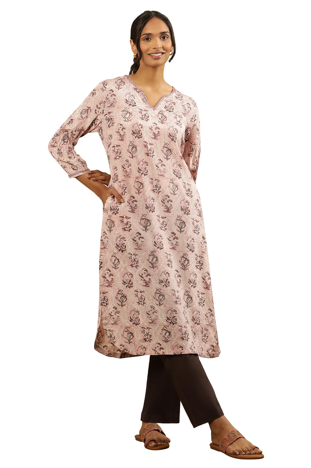 Folksong By W Women Pink Printed Viscose Straight Kurta_24Maf11710-910887_L