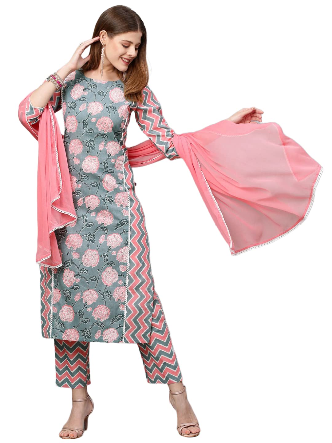ANNI DESIGNER Womens Cotton Blend Straight Printed Kurta with Pant & Dupatta (Jam001-Grey_M_Dark Blue_Medium)